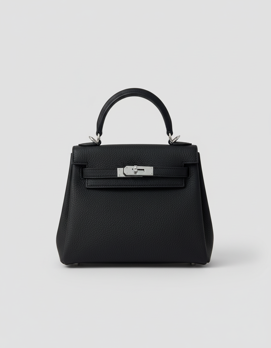 Black handbag with silver hardware on a white background