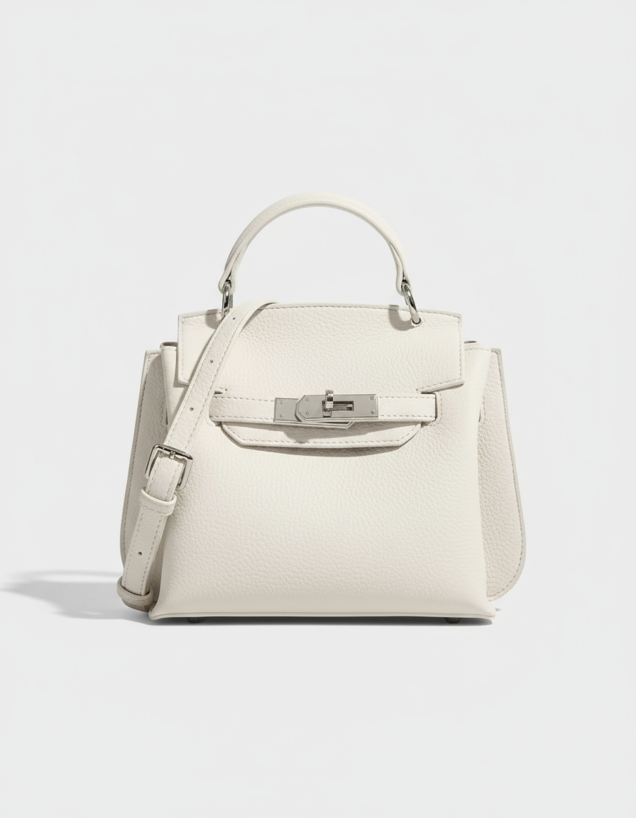 White handbag with silver hardware on a white background