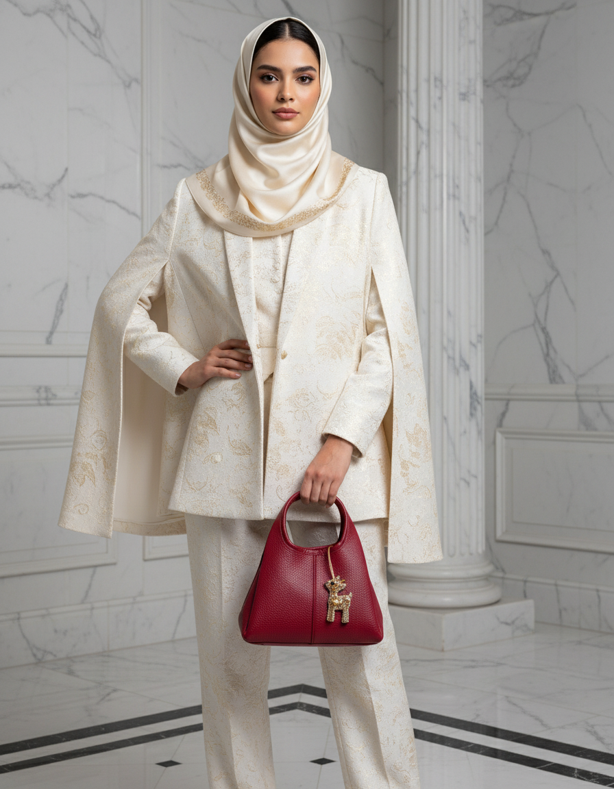 Luxury fashion photo with model, bag and Ghazal Charm